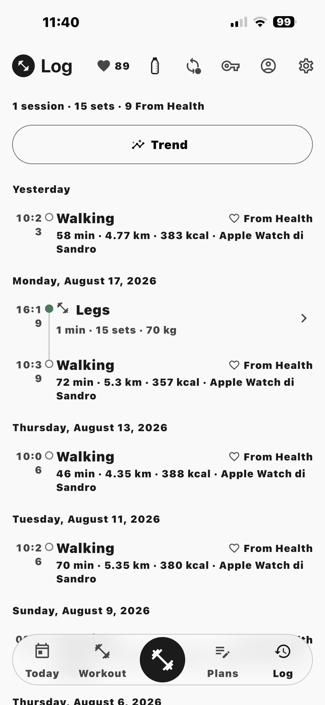 The Log screen with real sessions in it: one session and fifteen sets on top, the Trend button, and below it the days — «Legs», 15 sets at 70 kg, and the walks recorded by the Apple Watch with duration, kilometres and calories, each marked «From Health».