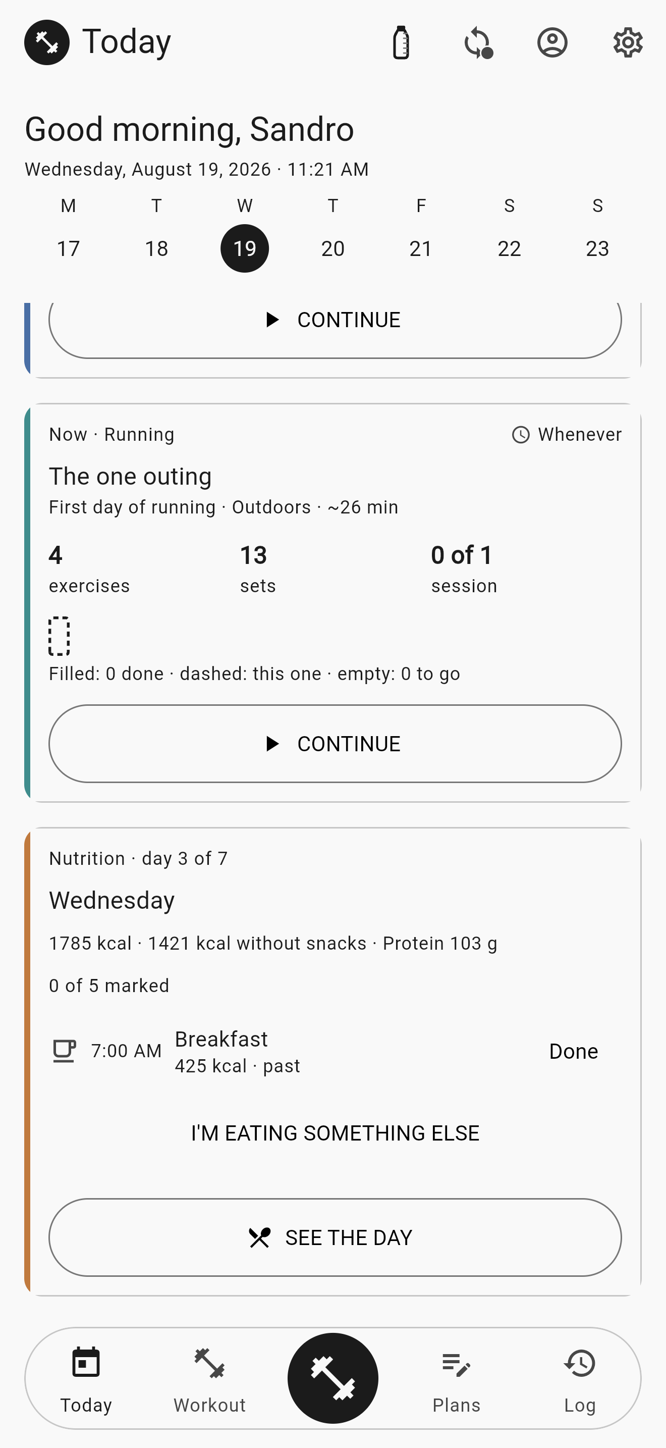 The same day, scrolled: below the strength session comes the running one, «The one outing» outdoors, and below that Wednesday's menu with 1785 kcal, breakfast at 7:00 and the SEE THE DAY button.