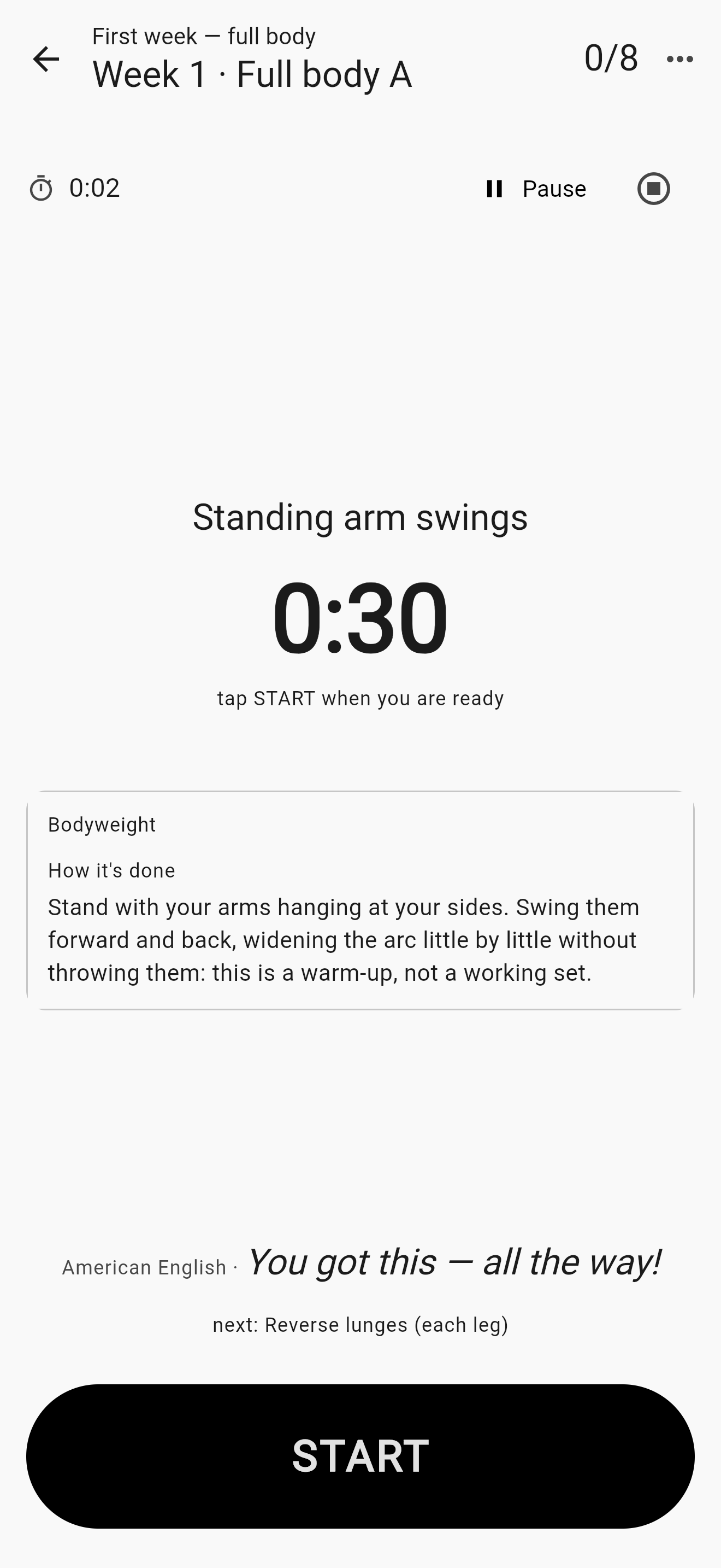 A timed exercise before it starts: «Standing arm swings», 0:30 on the clock, the «How it's done» box with the explanation, and the START button as wide as the screen at the bottom.