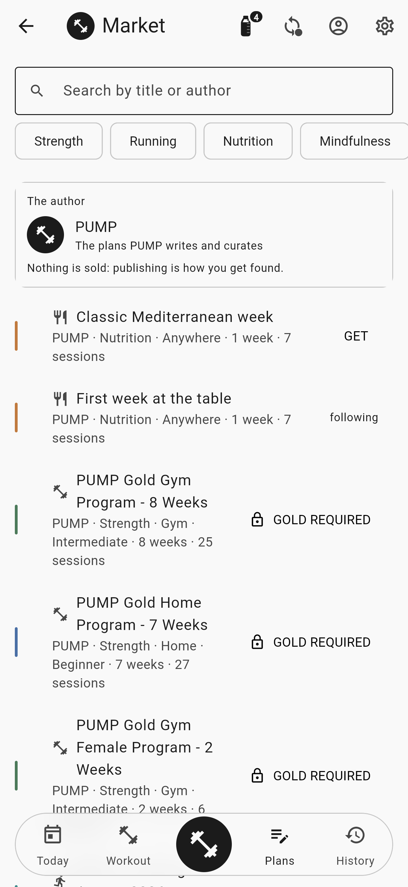 The Market: search by title or author, the type filters, the author box for PUMP with the line «Nothing is sold: publishing is how you get found», and below it the programs — two nutrition ones, one with a GET button and one that says «following», then the strength ones marked «GOLD REQUIRED» with a padlock.